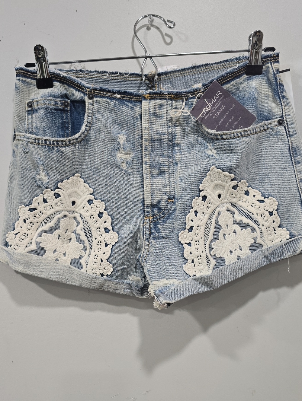 Carmar -Mid Rise - Light Blue Denim Shorts with Cream Lace Insets
